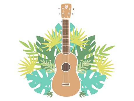 Ukulele with tropical leaves in background