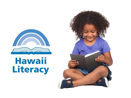 Hawaii Literacy logo and young girl reading