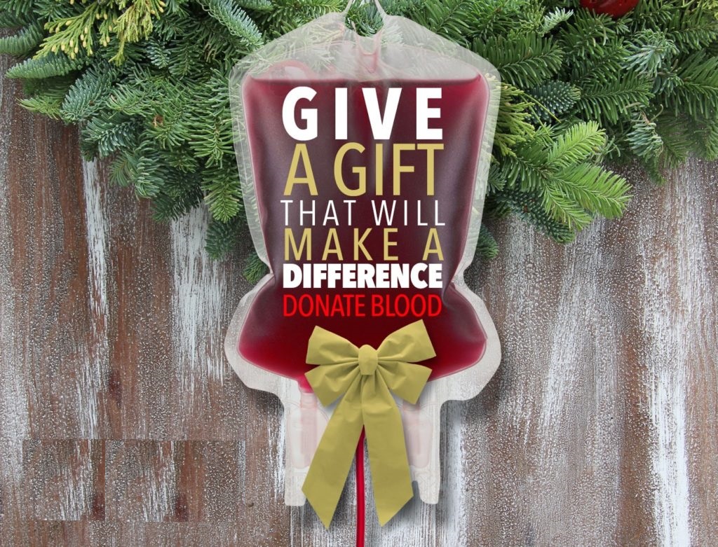 a pouch filled with blood that says "GIVE A GIFT THAT WILL MAKE A DIFFERENCE DONATE BLOOD.