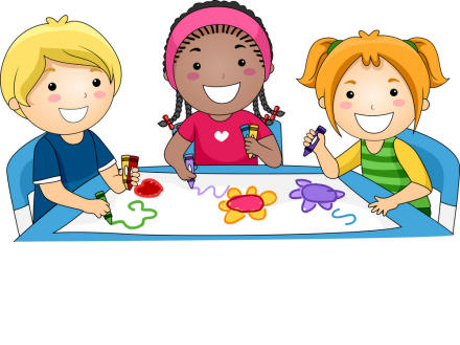 line art drawing of three children coloring at a table