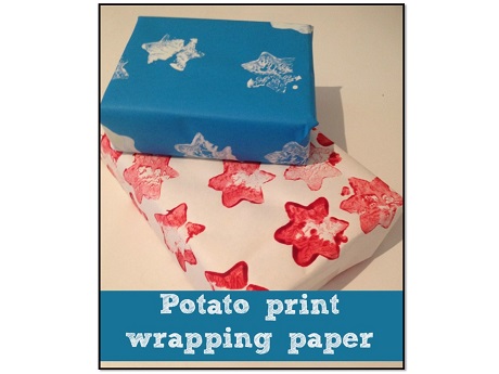 2 packages wrapped with potato print stamps
