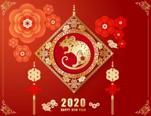 2020 Happy New year design with hanging flowers and rat in a diamond shape on a red background