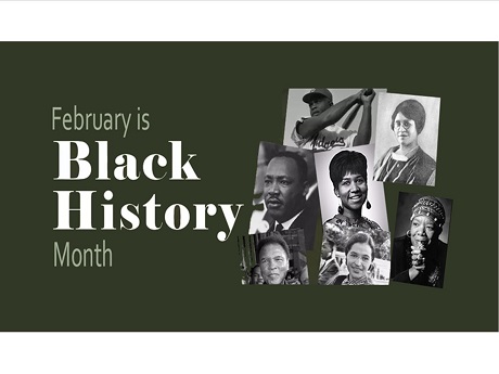 text: "February is Black History Month", with some historical black figures on the side