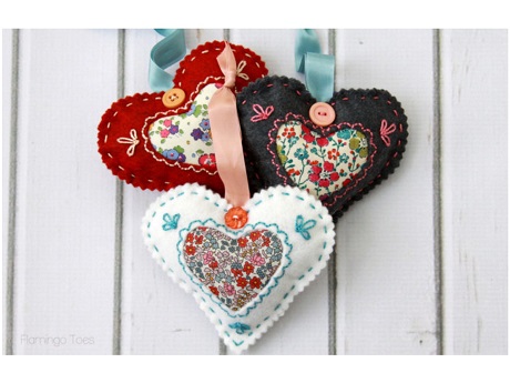 red, black, white sewn heart shaped sachet