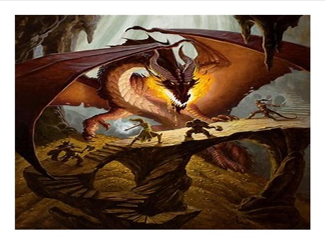 Teens battling dragon on ledge of a cave
