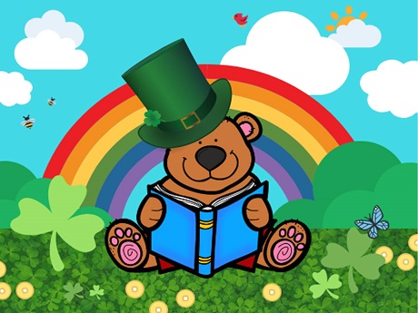 Story Time Bear in Leprechaun Hat with Shamrock and Rainbow Background