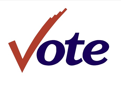 Color graphic of the word "vote" with letter "v" stylized as a red check mark