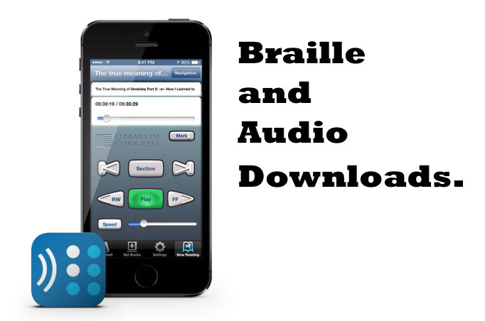 Image of smartphone with words "Braille and Audio Downloads" next to it
