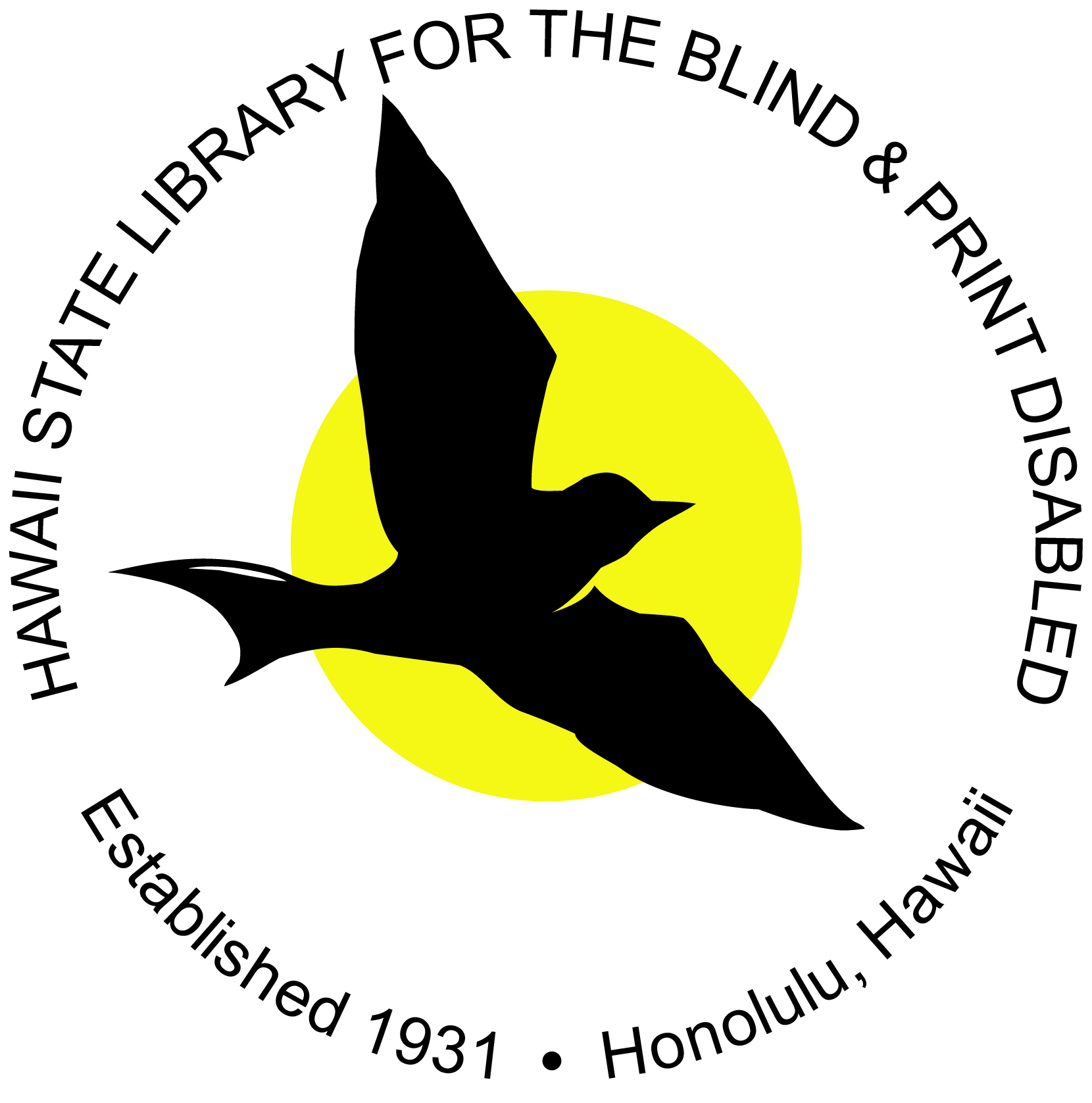 Library for the Blind & Print Disabled logo, with words in a circle surrounding a bird in front of the sun