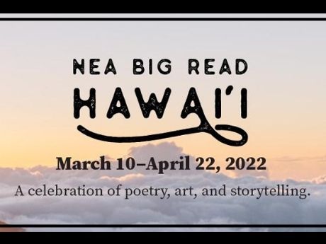 Black text says "NEA Big Read Hawaii: A celebration of poetry, art, and storytelling." In the background is a sunset in soft pastel hues and many clouds.