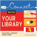National Library Week design: "Connect WITH YOUR LIBRARY" with two hands about the connect, an outlet and plug about to connect, and a Hawaii library card