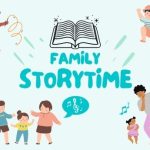 Light blue background, illustrated children dancing and playing with parents, bright blue text that says "Family Storytime"
