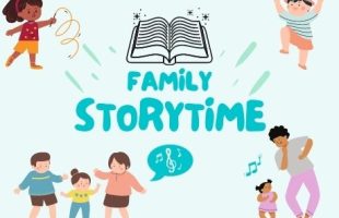 Light blue background, illustrated children dancing and playing with parents, bright blue text that says "Family Storytime"