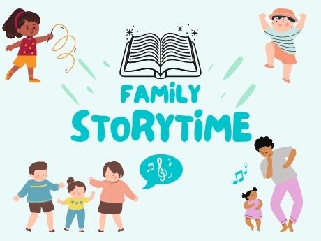 Light blue background, illustrated children dancing and playing with parents, bright blue text that says "Family Storytime"