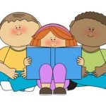 three children reading a book