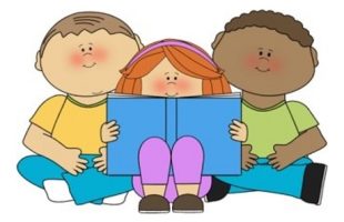 three children reading a book