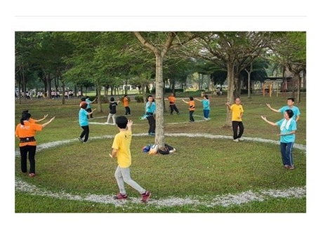 People practicing energy bagua around a tree