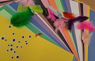 A rainbow of construction paper, googly eyes, colored feathers