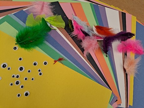 A rainbow of construction paper, googly eyes, colored feathers