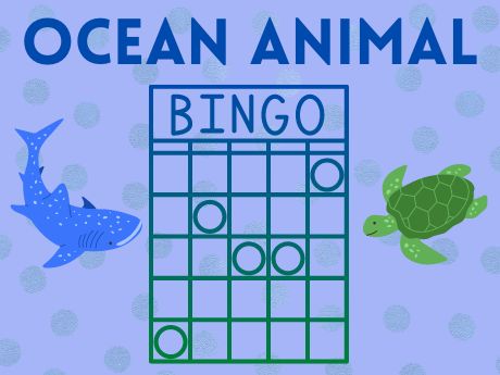 Periwinkle background, text says "Ocean Animal BINGO" in dark blue, a whale shark and turtle look at a BINGO sheet