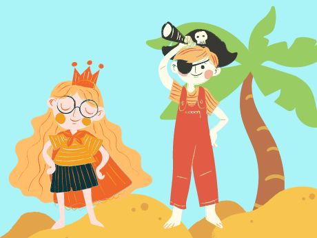 A pirate and princess stand on a sandy beach. A palm tree is in the background