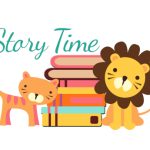 cartoon cat and lion next to stack of book with words story time