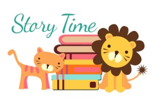cartoon cat and lion next to stack of book with words story time