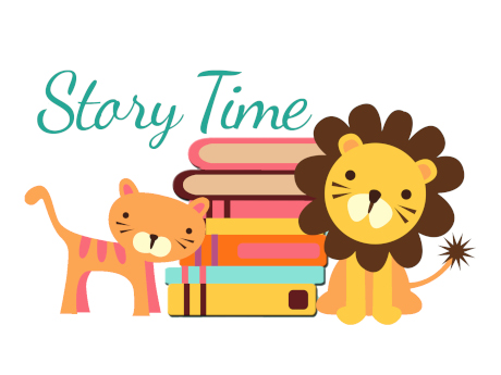 cartoon cat and lion next to stack of book with words story time