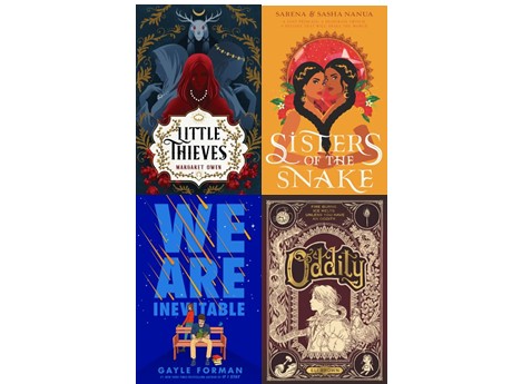 Book covers: Little Thieves, Sisters of the Snake, We Are Inevitable, Oddity