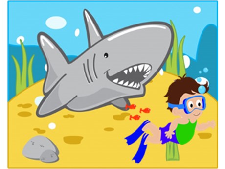 Cartoon image of child swimming with a shark behind them.