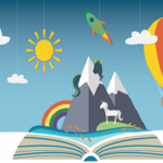 Story Time graphic book open with rainbow and mountain rocket, balloon