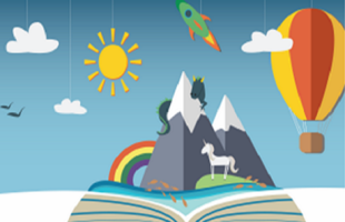 Story Time graphic book open with rainbow and mountain rocket, balloon