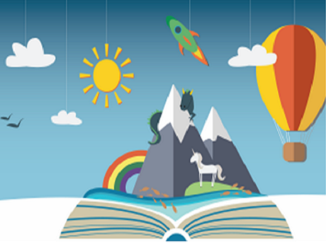 Story Time graphic book open with rainbow and mountain rocket, balloon