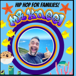 Text above says, "Mr. Kneel's Hip Hop for Families" surrounded by fish. A photo of Neil is in the center