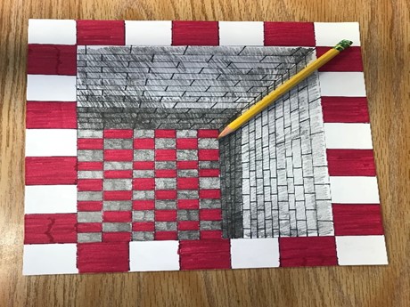 3d drawing with bricks and checkered red and white blocks
