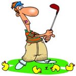 Golfer using rubber ducks instead of golf balls.