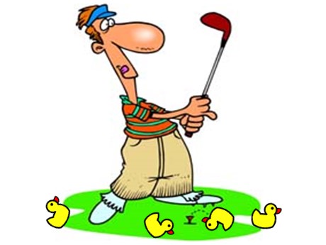 Golfer using rubber ducks instead of golf balls.