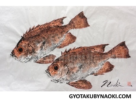 Fish printing of two red fish by Naoki Hayashi