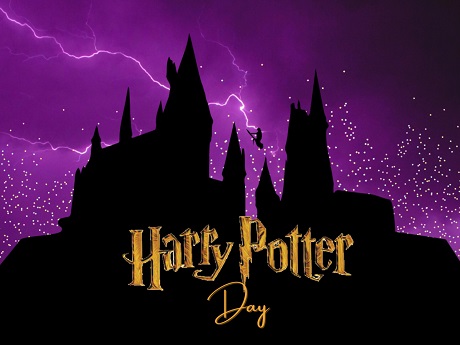 Silhouette image of Hogwarts surrounded by lightning with text "Harry Potter Day"