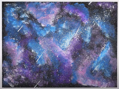 Acrylic painting of a nebula in purple, pink, blue, black, and white.