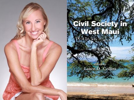Sydney Iaukea headshot on left, Civil Society in West Maui Book cover on the right featuring a tree on beach