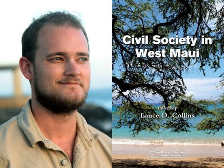 Will Caron headshot on left, Civil Society in West Maui Book cover on the right featuring a tree on beach