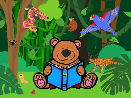 Story Time Bear in a Cartoon Jungle with Animals
