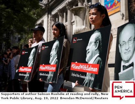 photo by Brendan McDermid/Reuters showing supporters at rally for Salman Rushdie New York City Library
