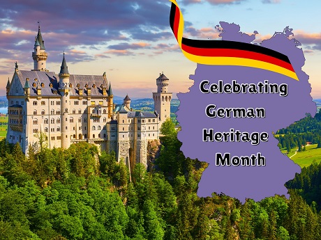 A sunset picture of Neuschwanstein Castle with a filled in map of Germany and a German flag banner with words reading Celebrating German Heritage Month.