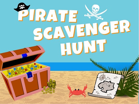 Treasure chest and pirate map on beach with words "pirate scavenger hunt" in the sky