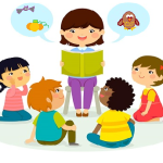 An illustration of a librarian reading to four children.