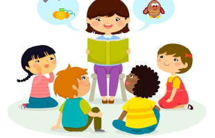 An illustration of a librarian reading to four children.
