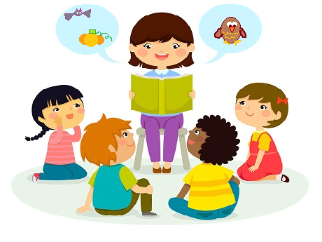 An illustration of a librarian reading to four children.