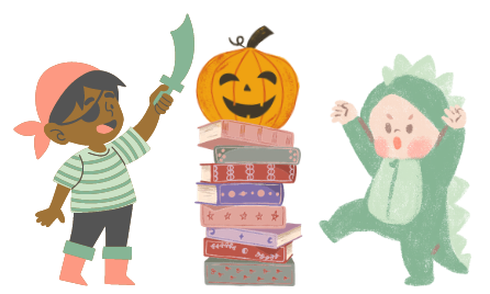 cartoon image of children in costumes, stack of books with a jack o' lantern.